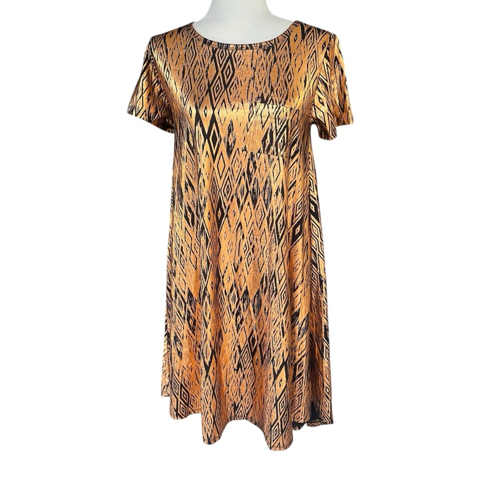 LuLaRoe Elegant Collection Carly Metallic Shiny Short Sleeve Shirt Dress Size XS